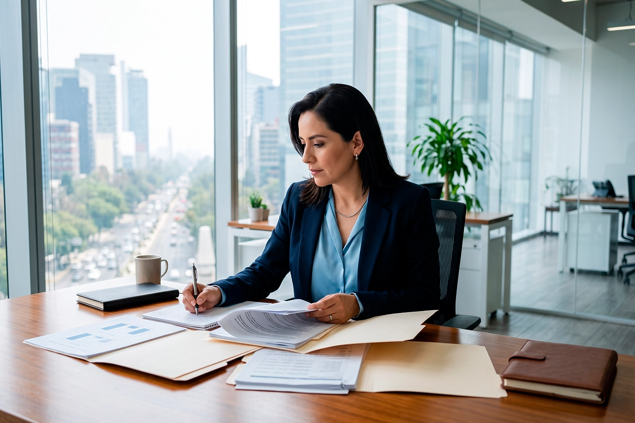 Consultora mexicana revisando documentación laboral y procesos preventivos de cumplimiento empresarial