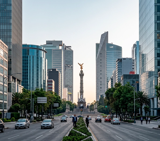 Vista corporativa de Ciudad de México con arquitectura moderna y ambiente empresarial premium
