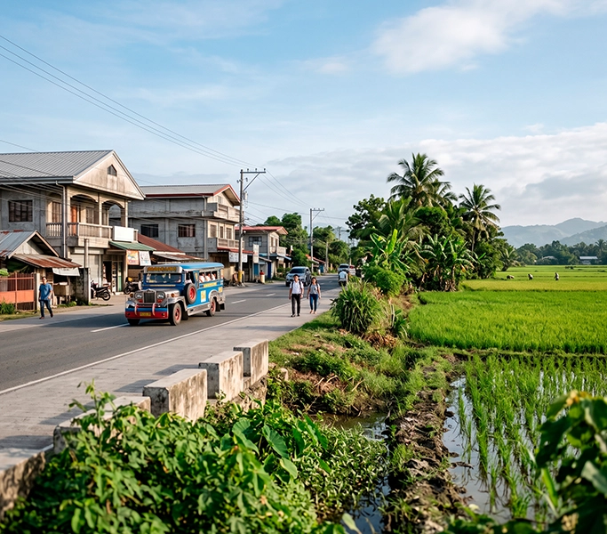 Vista hiperrealista de Cabanatuan City y campos de arroz de Nueva Ecija con identidad local filipina