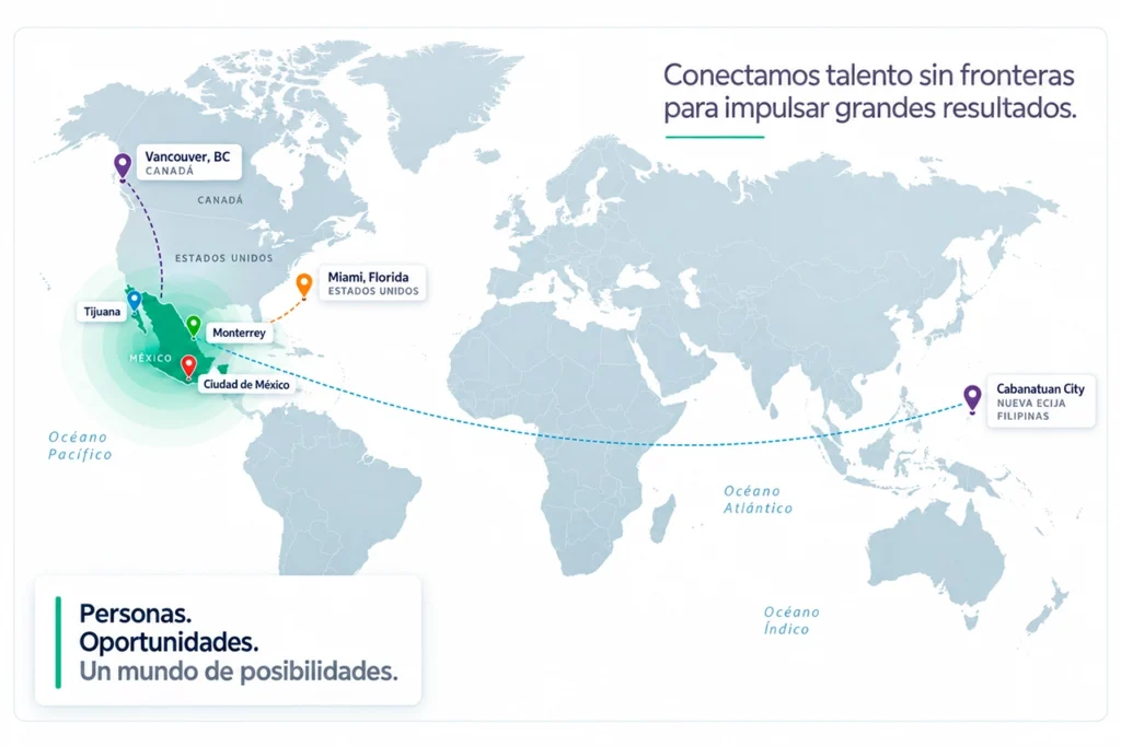 Mapa editorial corporativo de GSE con presencia en México, Estados Unidos, Canadá y Filipinas, conectado mediante puntos estratégicos.