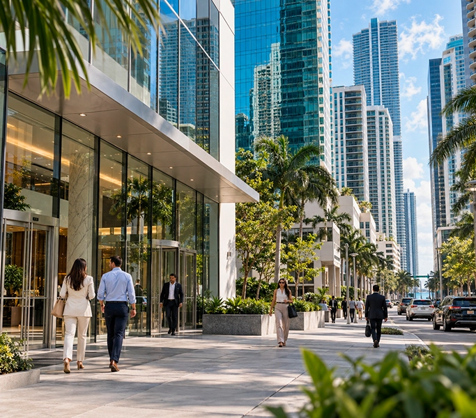 Vista hiperrealista del distrito financiero de Brickell en Miami con arquitectura corporativa contemporánea