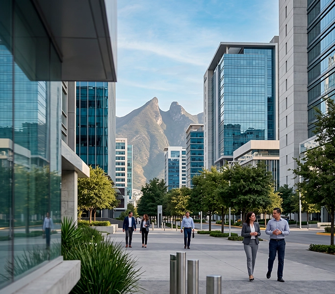 Vista corporativa de Monterrey con arquitectura moderna y el Cerro de la Silla al fondo