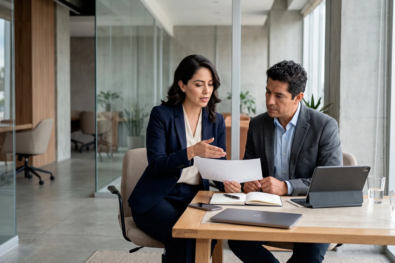 Consultores de Recursos Humanos analizando soluciones empresariales en una oficina moderna